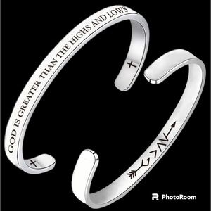 New Silver Stainless Steel Engraved Christian Bible Inspirational Cuff Bracelet